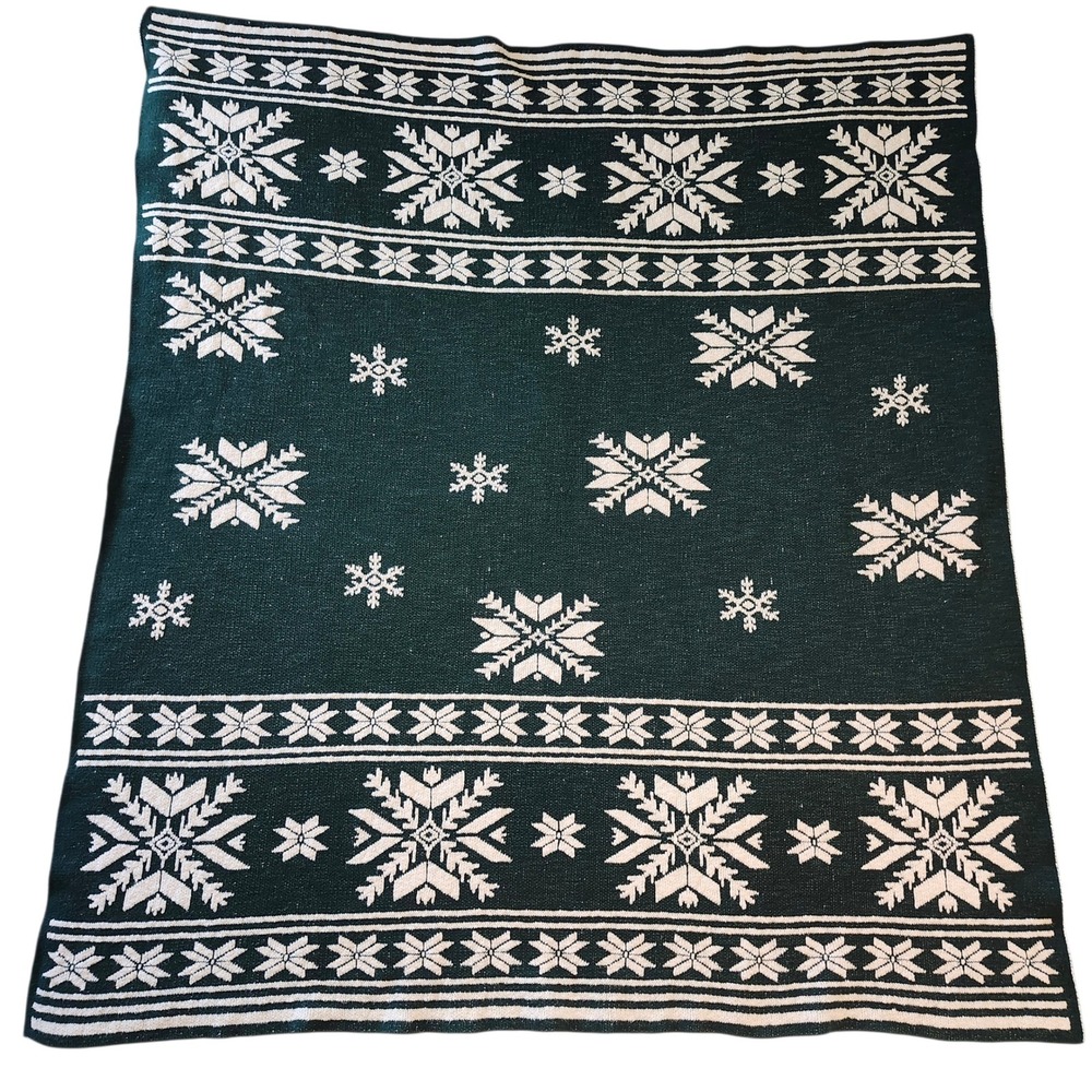 Balsam & Fir Trading Co Green Snowflake Knit Throw Blanket 100% Cotton Fair Isle - Picture 2 of 3